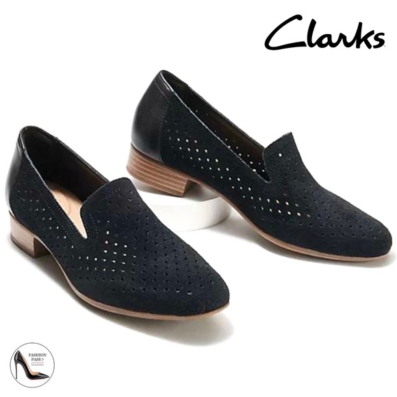 Clarks Juliet Hayes Womens Perforated Black Suede Loafers block heel flat shoes - Picture 1 of 7